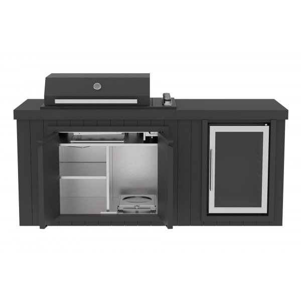 Utekj�kken med kj�leskap � Svart | Gassgrill i rustfritt st�l med keramisk benkeplate, infrar�d brenner | 4+1 brennere | Grillfl