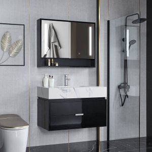 Baderomsm�bler 90cm | LED speilskap | Marmorert benkeplate | Svart