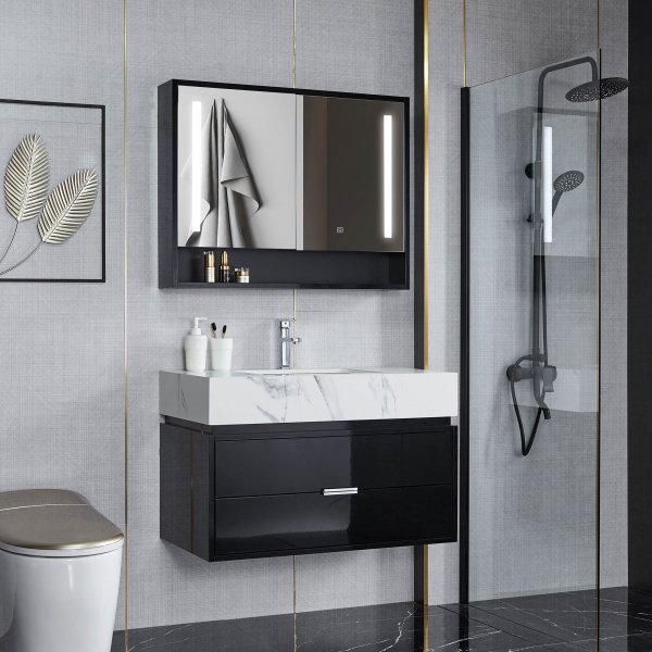 Baderomsm�bler 90cm | LED speilskap | Marmorert benkeplate | Svart