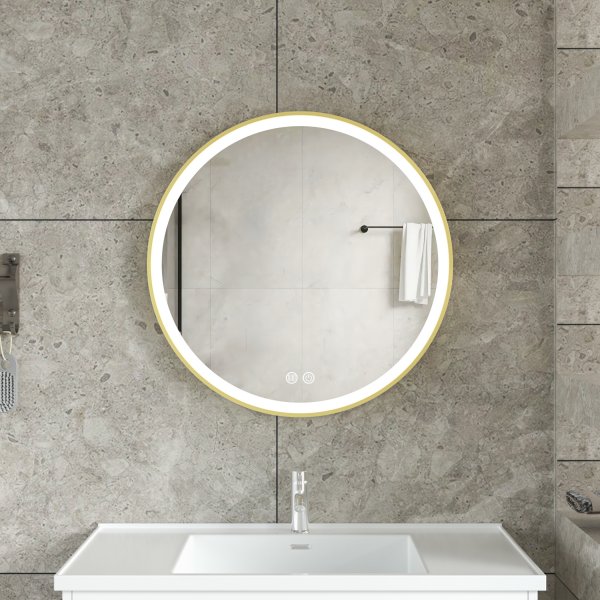 Stilig LED-speil 80x80cm | Gull aluminiumsramme| Antidugg og berøringskontroll Stilig LED-speil 80x80cm | Gull aluminiumsramme| Antidugg og berøringskontroll