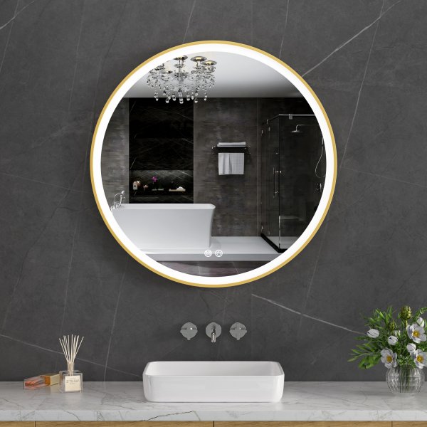 Stilig LED-speil 80x80cm | Gull aluminiumsramme| Antidugg og berøringskontroll Stilig LED-speil 80x80cm | Gull aluminiumsramme| Antidugg og berøringskontroll