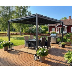 Pergola i galvanisert stål 4x3 m | Lamelltak, grå, uteplass og hage Pergola i galvanisert stål 4x3 m | Lamelltak, grå, uteplass og hage